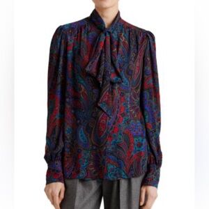 RALPH LAUREN KLARYCE PAISLEY PRINT NECK TIE LONG SLEEVE BLOUSE XXS